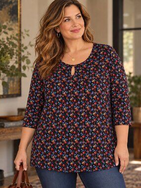 Ulla Popken Womens Ditsy Floral Keyhole Tee Shirt Top 5X 32/34 Artsy Boho Cotton